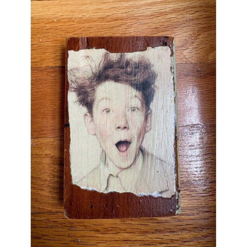 Handmade Folk Art Portrait Wood Block Outsider Oddity 3x5